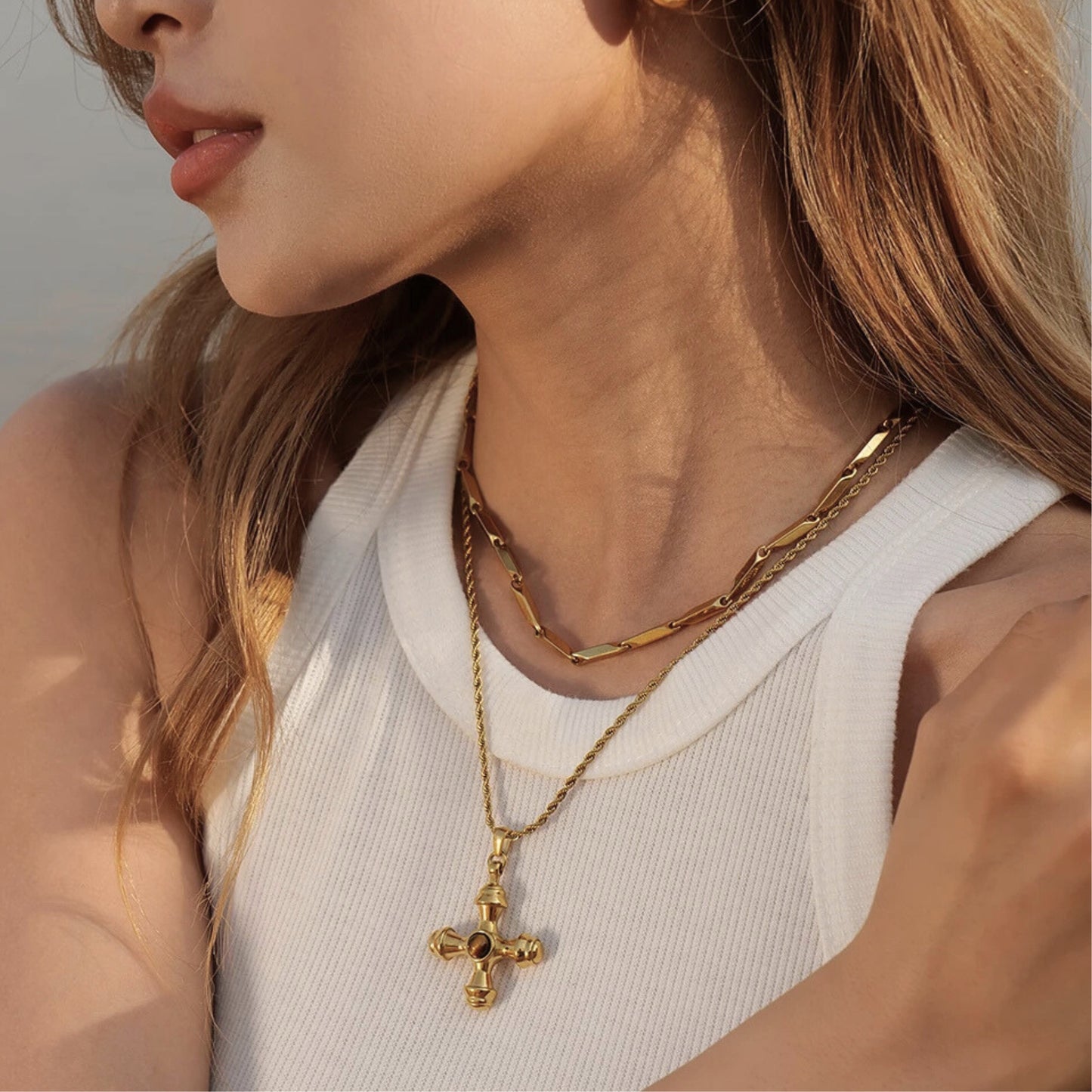 18K Gold Plated Stainless Steel Hypoallergenic Waterproof Tarnish Free Waterproof Sweatproof No-Fade Amber Cross Necklace The Aura