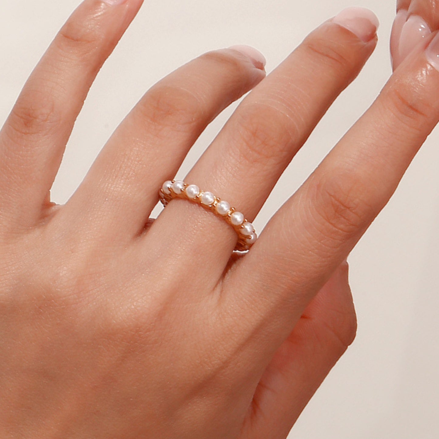 18K Gold Plated Stainless Steel Hypoallergenic Waterproof Tarnish Free Waterproof Sweatproof No-Fade Pave Pearl Ring The Aura