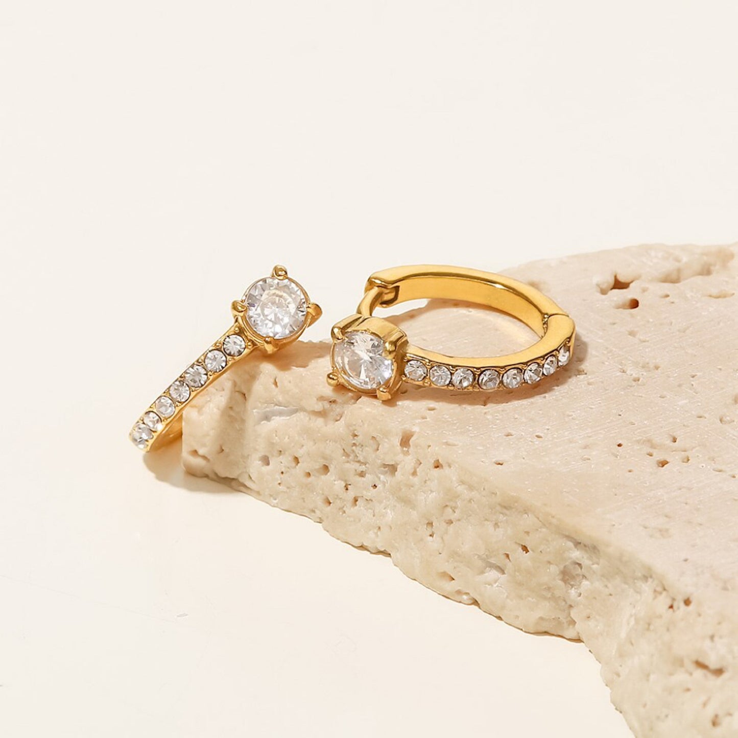 18K Gold Plated Stainless Steel Hypoallergenic Waterproof Tarnish Free Solo Round Pavé Huggie Earrings The Aura