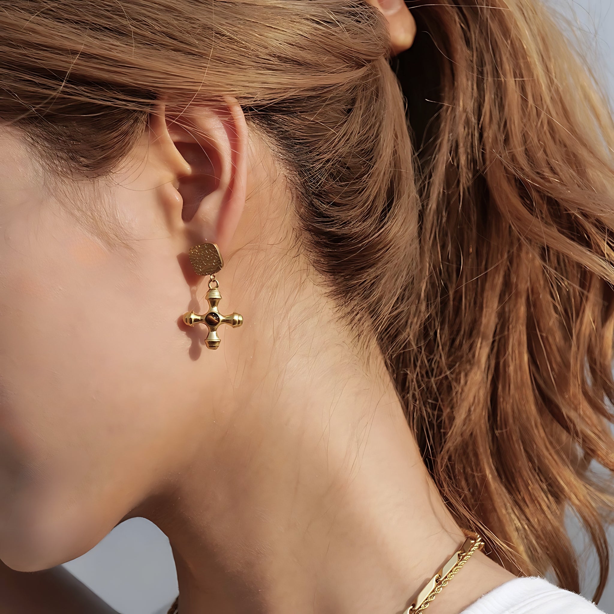 18K Gold Plated Stainless Steel Hypoallergenic Waterproof Tarnish Free Waterproof Sweatproof No-Fade Amber Cross Drop Earrings The Aura