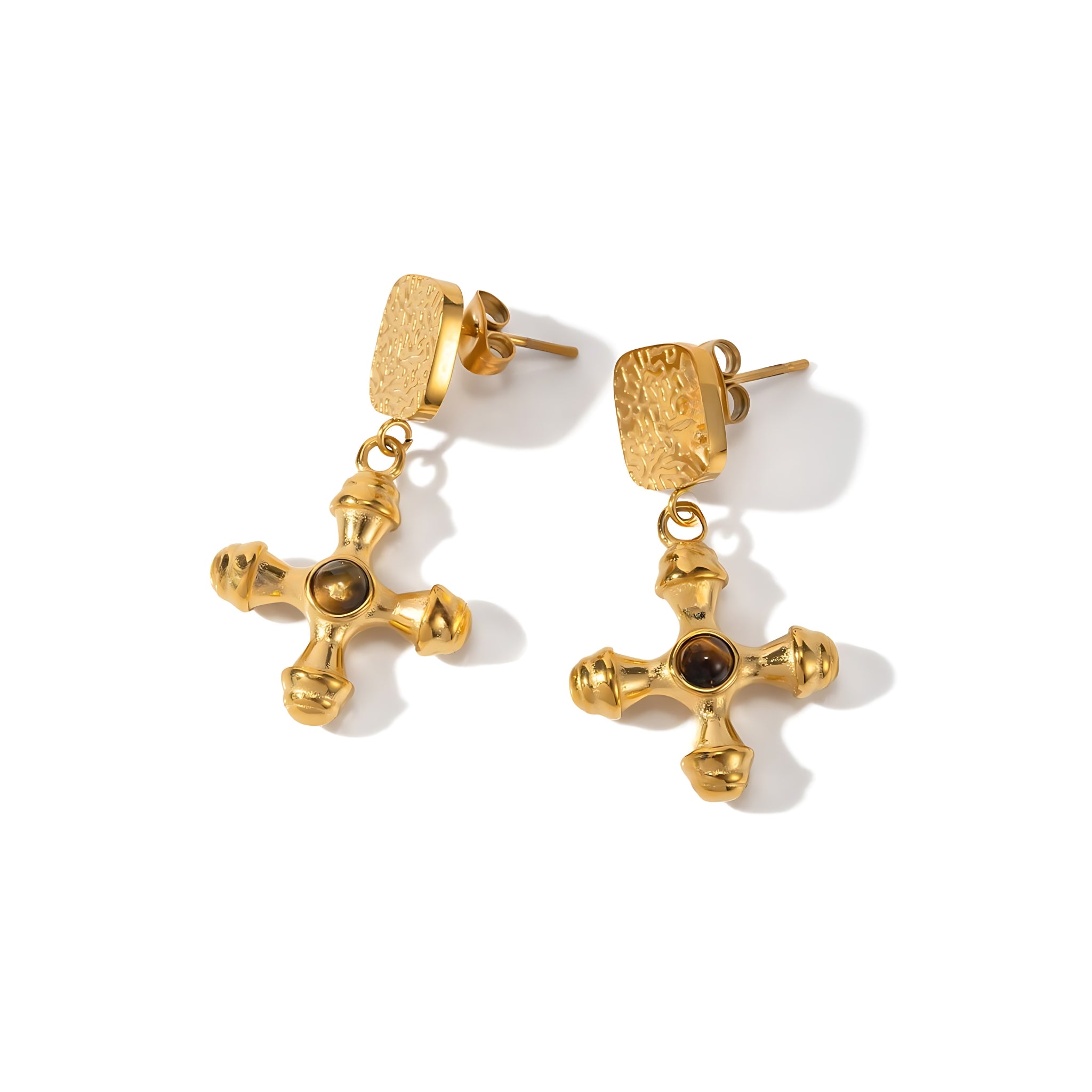 18K Gold Plated Stainless Steel Hypoallergenic Waterproof Tarnish Free Waterproof Sweatproof No-Fade Amber Cross Drop Earrings The Aura