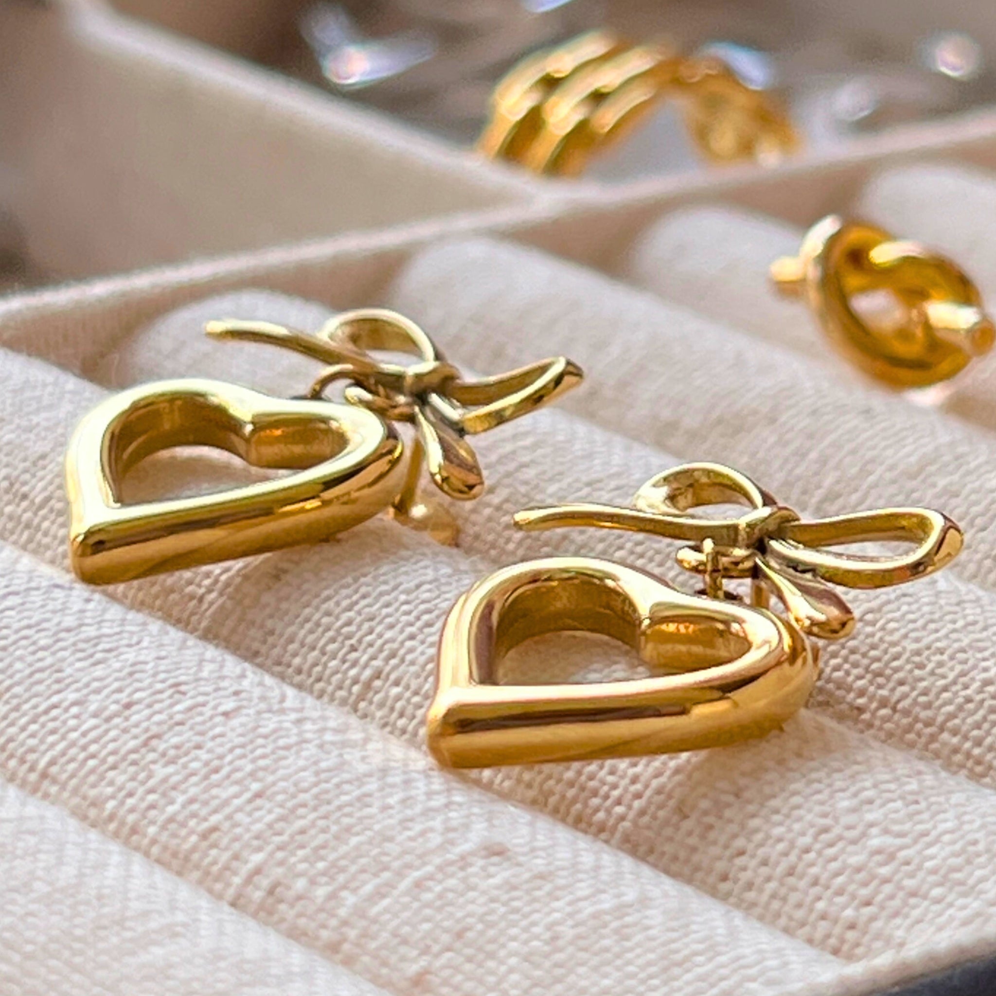 18K Gold Plated Stainless Steel Hypoallergenic Waterproof Tarnish Free Waterproof Sweatproof No-Fade Bow of Heart Stud Earrings The Aura