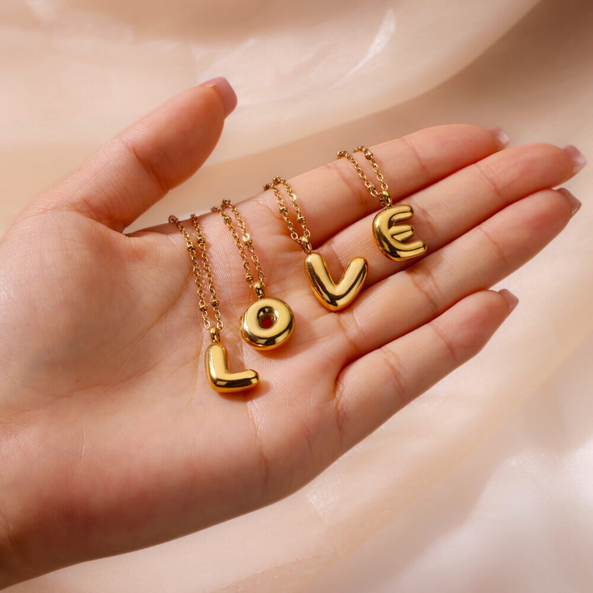 18K Gold Plated Stainless Steel Hypoallergenic Waterproof Tarnish Free Waterproof Sweatproof No-Fade Bubbly Alphabet Necklace The Aura