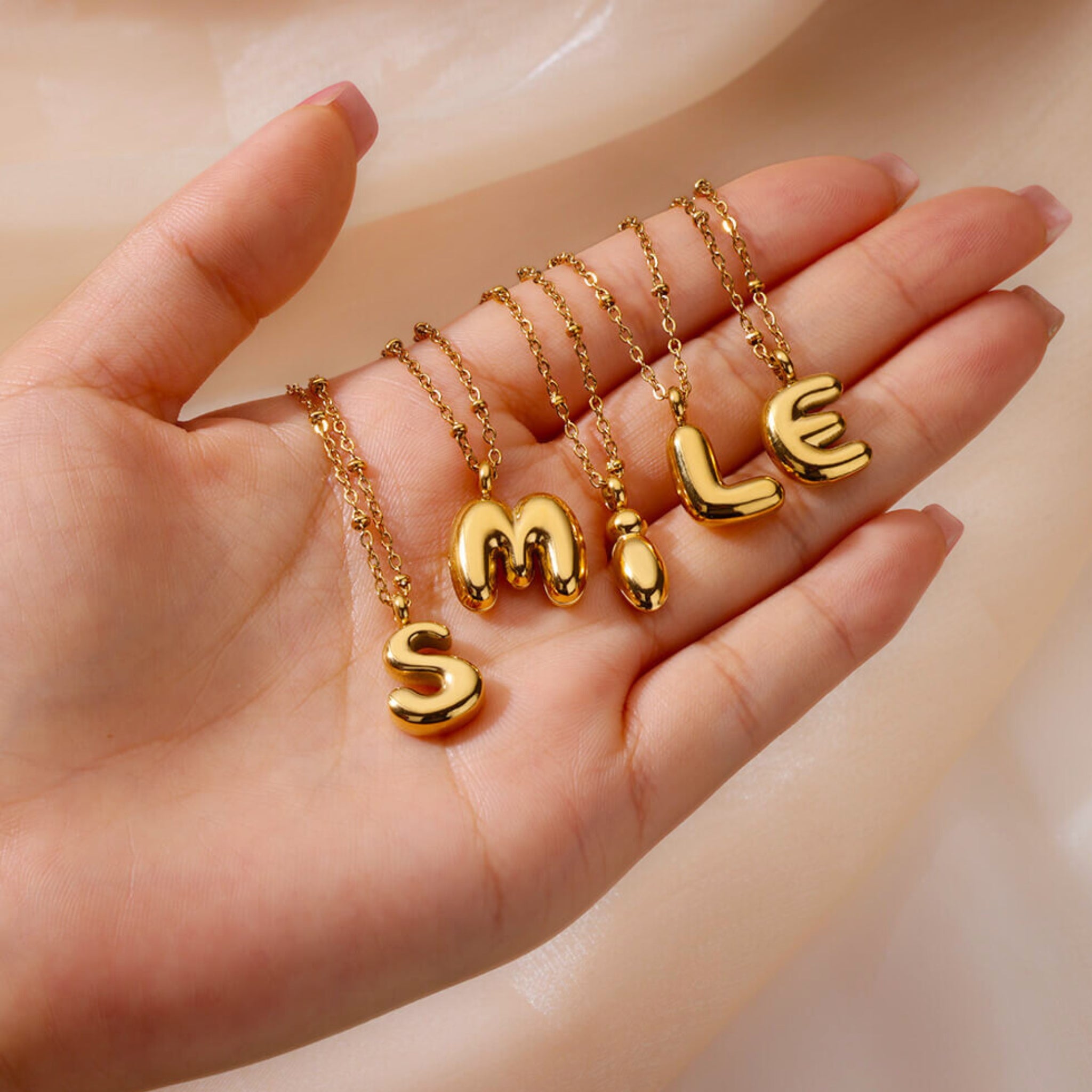 18K Gold Plated Stainless Steel Hypoallergenic Waterproof Tarnish Free Waterproof Sweatproof No-Fade Bubbly Alphabet Necklace The Aura