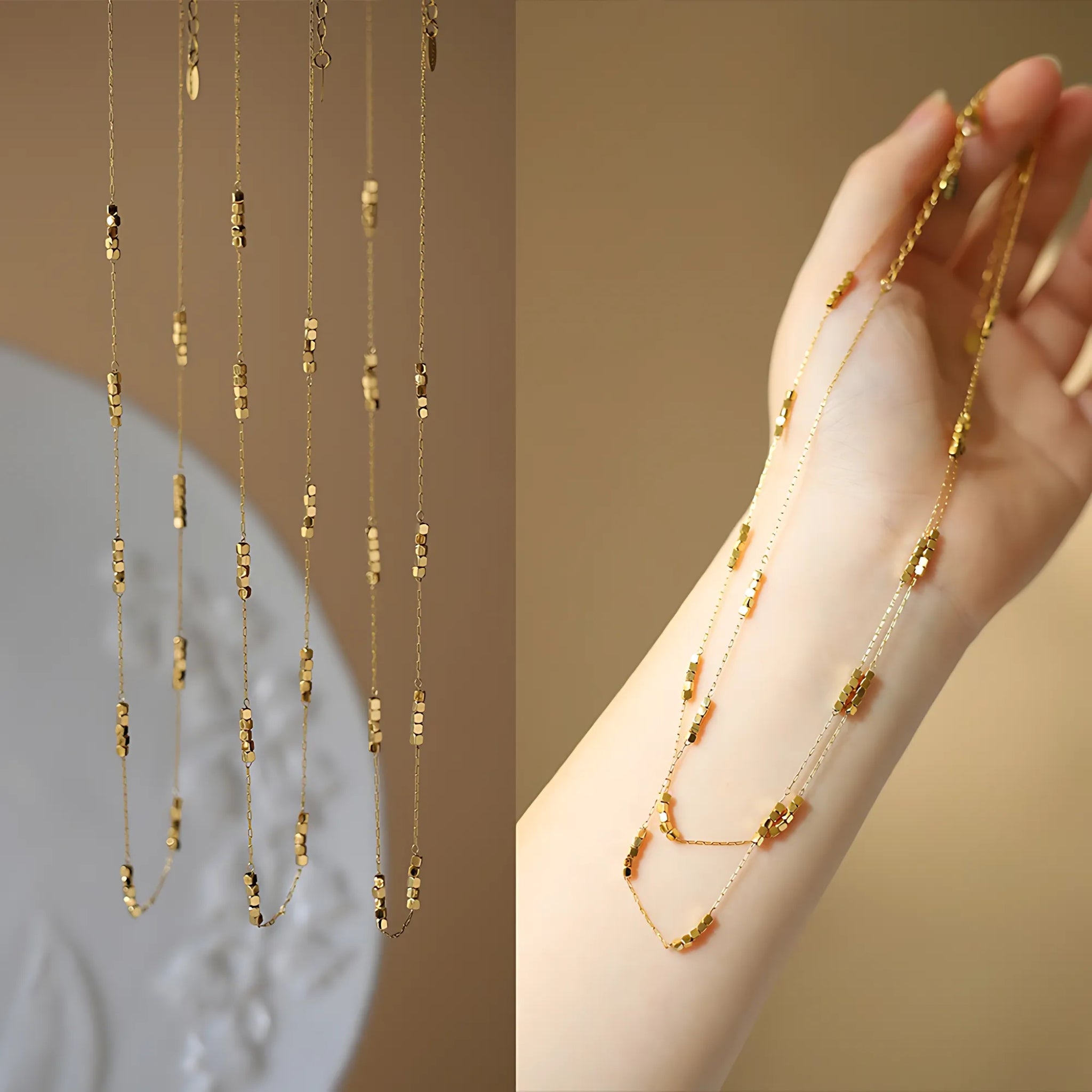 18K Gold Plated Stainless Steel Hypoallergenic Waterproof Tarnish Free Waterproof Sweatproof No-Fade Cube Bead Necklace The Aura