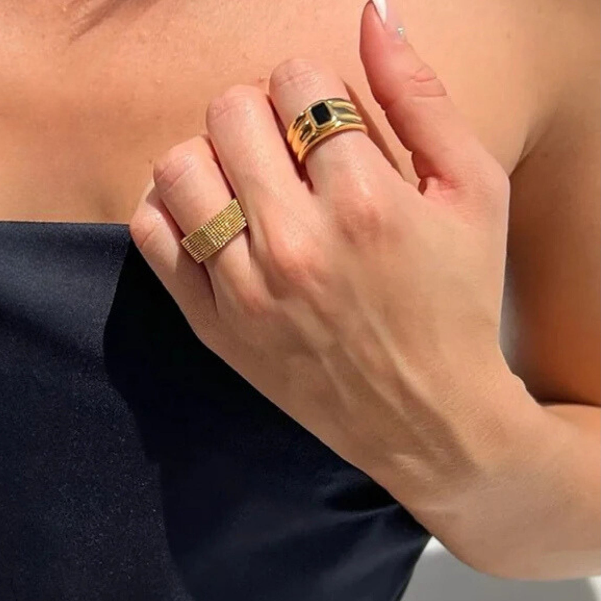 18K Gold Plated Stainless Steel Hypoallergenic Waterproof Tarnish Free Waterproof Sweatproof No-Fade Mesh Ring The Aura