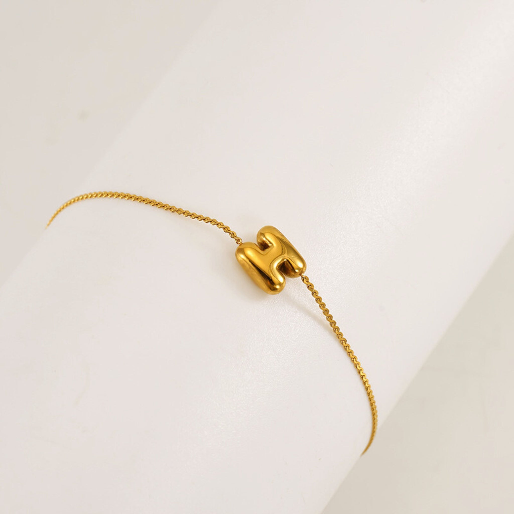 18K Gold Plated Stainless Steel Hypoallergenic Waterproof Tarnish Free Waterproof Sweatproof No-Fade Mini Bubbly Alphabet Bracelet The Aura