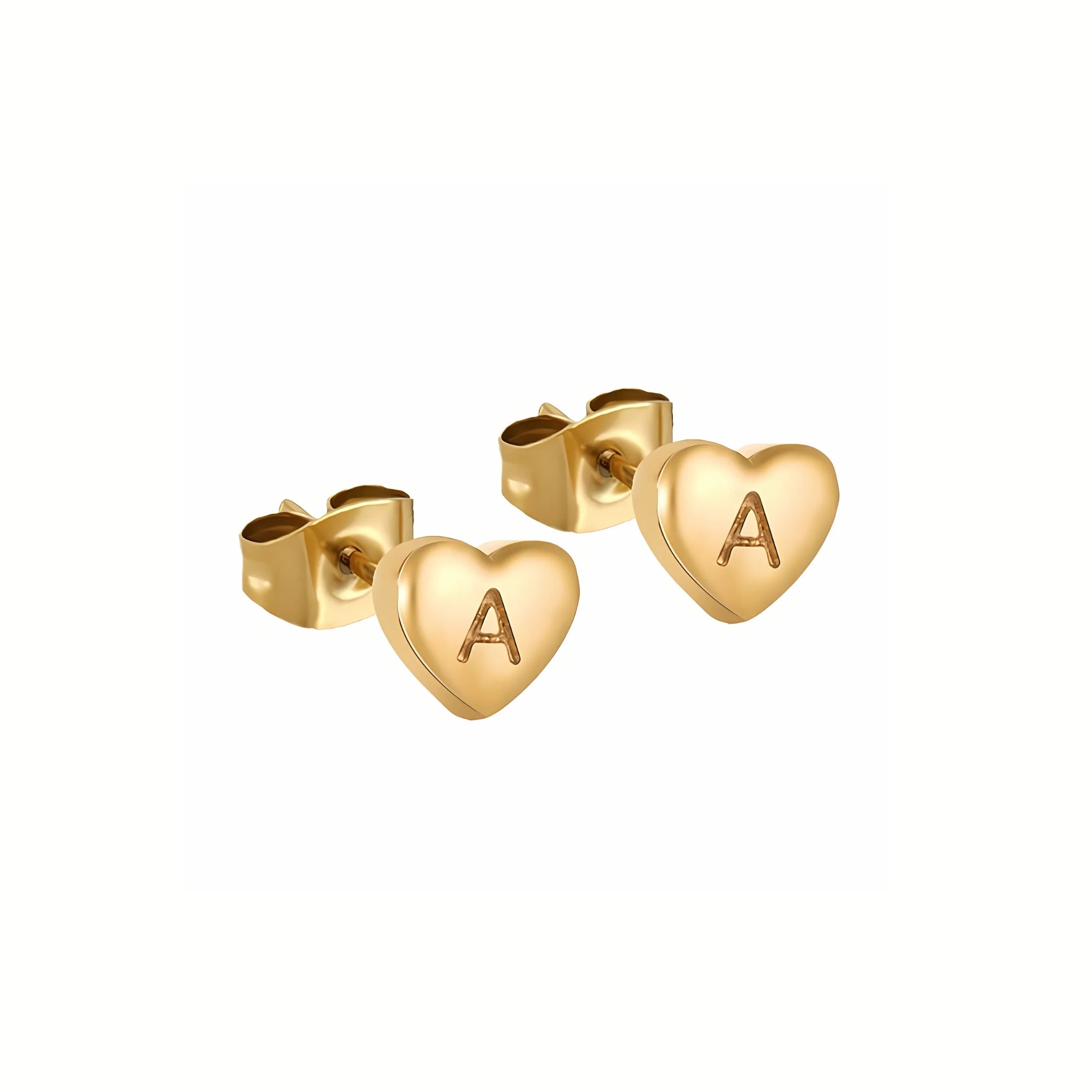 18K Gold Plated Stainless Steel Hypoallergenic Waterproof Tarnish Free Waterproof Sweatproof No-Fade Mini Heart Alphabet Earrings The Aura