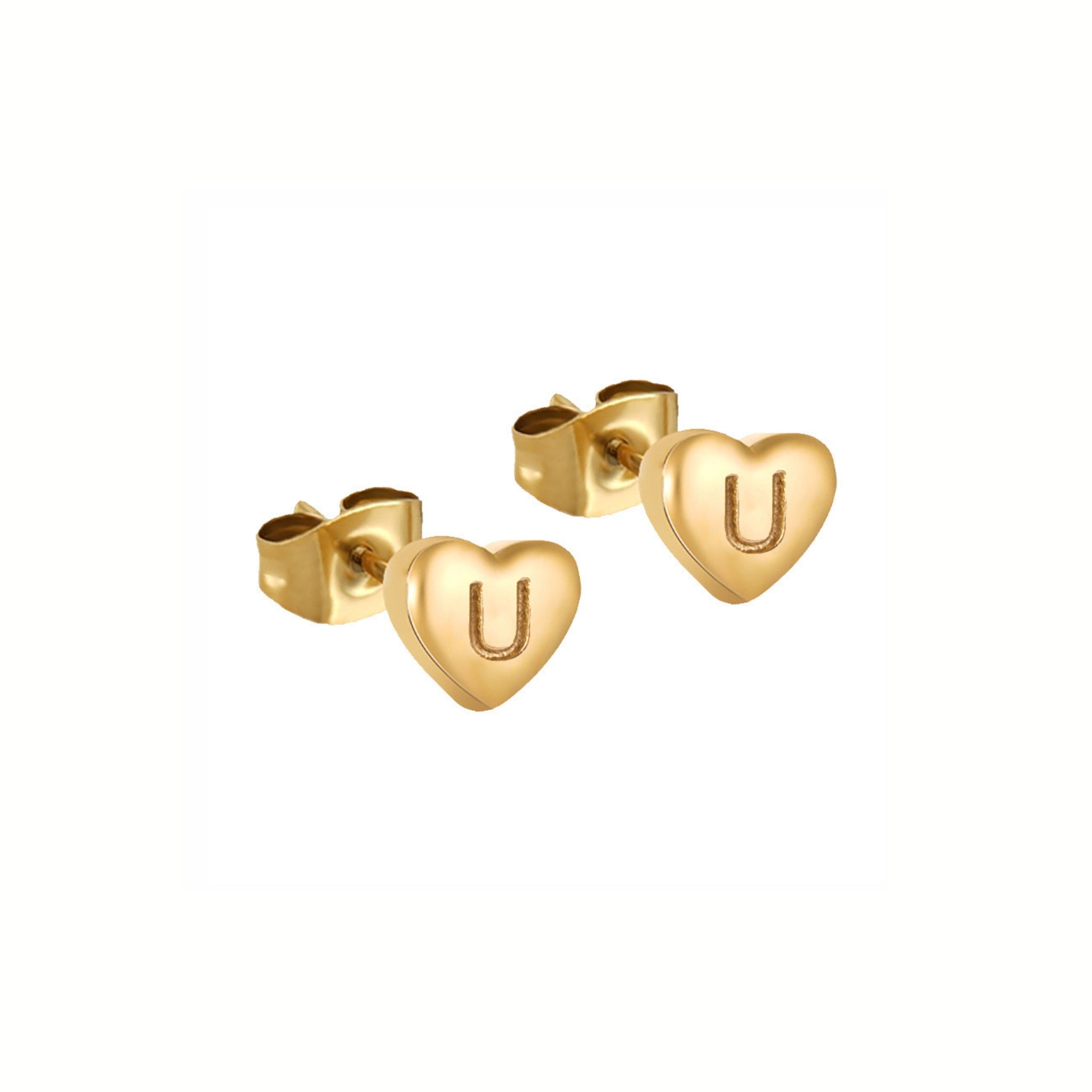 18K Gold Plated Stainless Steel Hypoallergenic Waterproof Tarnish Free Waterproof Sweatproof No-Fade Mini Heart Alphabet Earrings The Aura