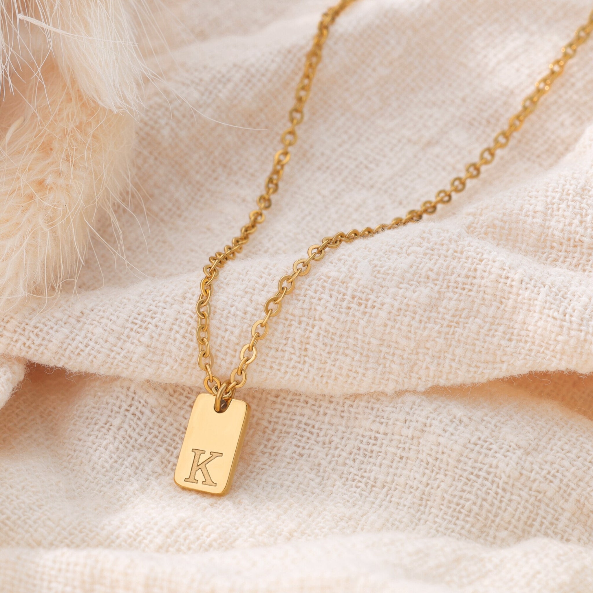 18K Gold Plated Stainless Steel Hypoallergenic Waterproof Tarnish Free Oblong Alphabet Necklaces The Aura