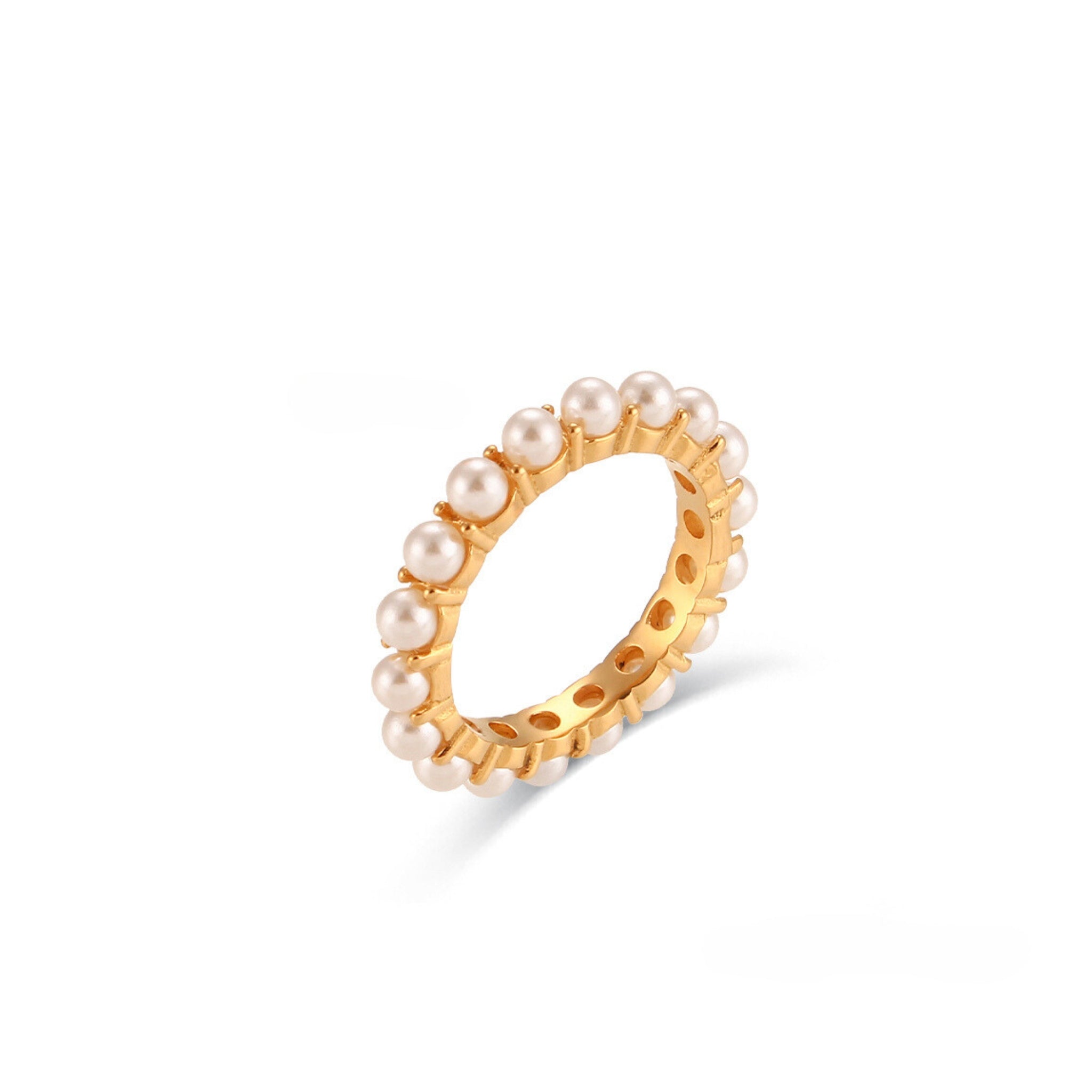 18K Gold Plated Stainless Steel Hypoallergenic Waterproof Tarnish Free Waterproof Sweatproof No-Fade Pave Pearl Ring The Aura
