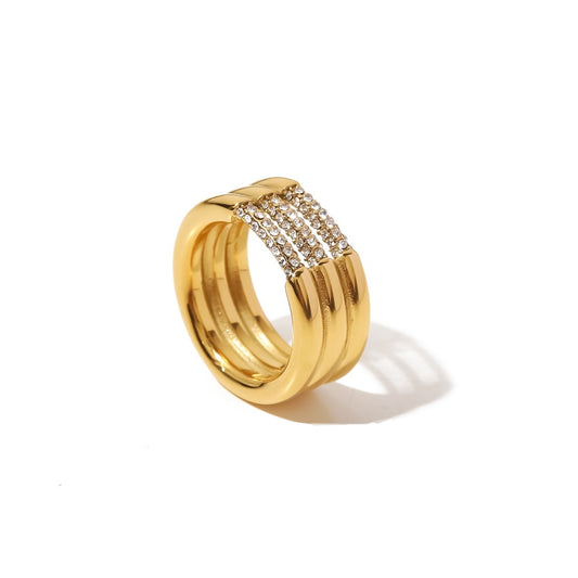 18K Gold Plated Stainless Steel Hypoallergenic Waterproof Tarnish Free Waterproof Sweatproof No-Fade Pave Tri-band Ring The Aura