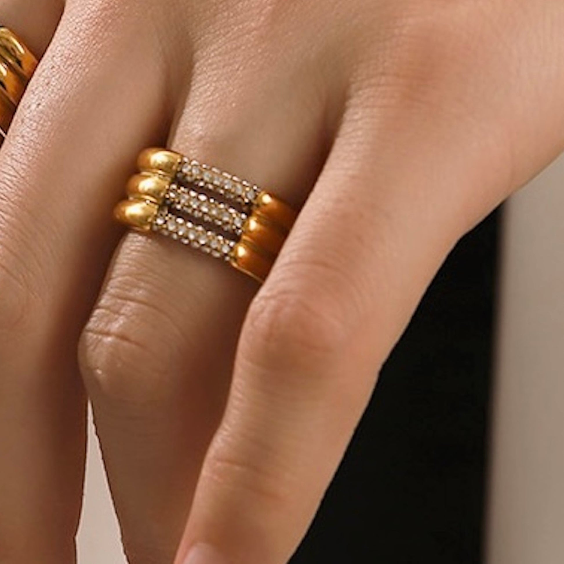 18K Gold Plated Stainless Steel Hypoallergenic Waterproof Tarnish Free Waterproof Sweatproof No-Fade Pave Tri-band Ring The Aura