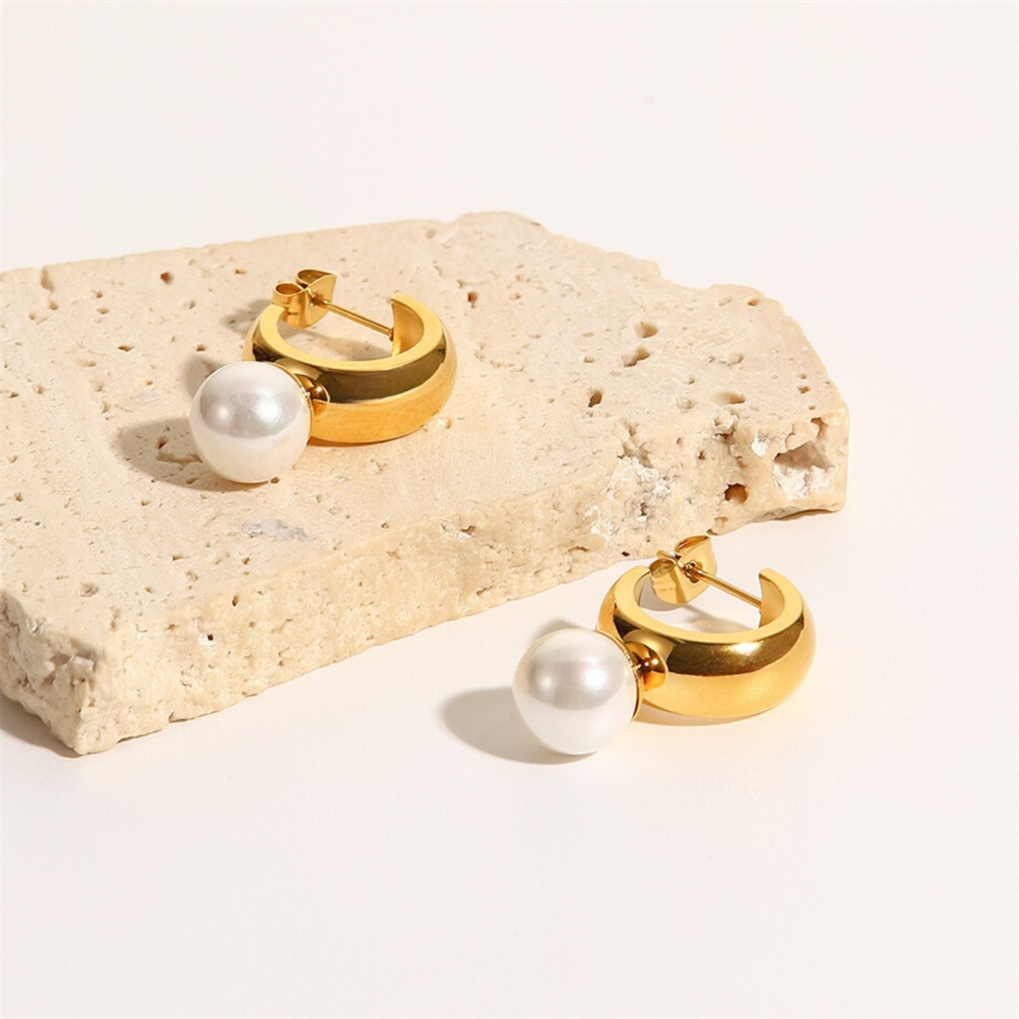 18K Gold Plated Stainless Steel Hypoallergenic Waterproof Tarnish Free Pearl C Stud Earrings The Aura