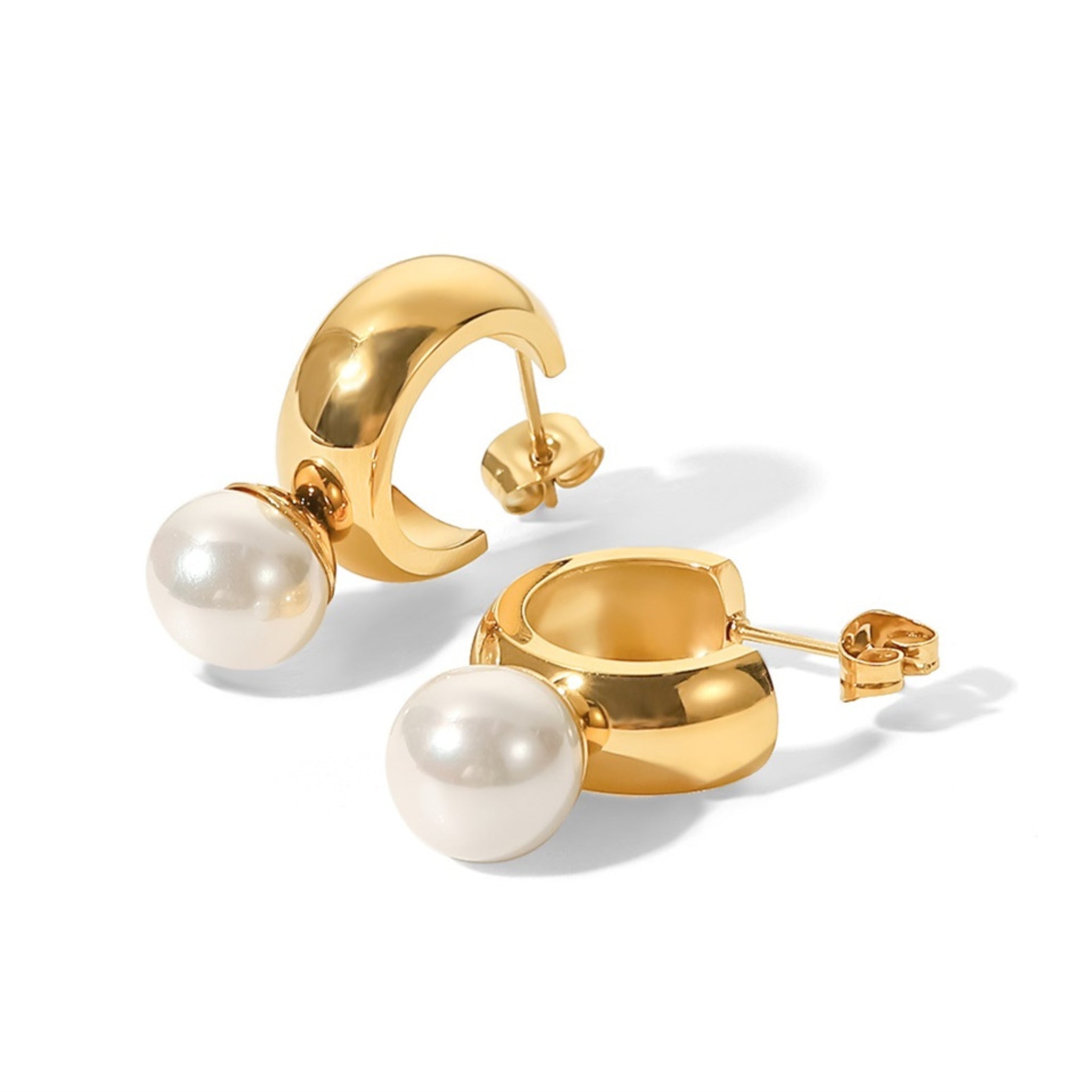 18K Gold Plated Stainless Steel Hypoallergenic Waterproof Tarnish Free Pearl C Stud Earrings The Aura