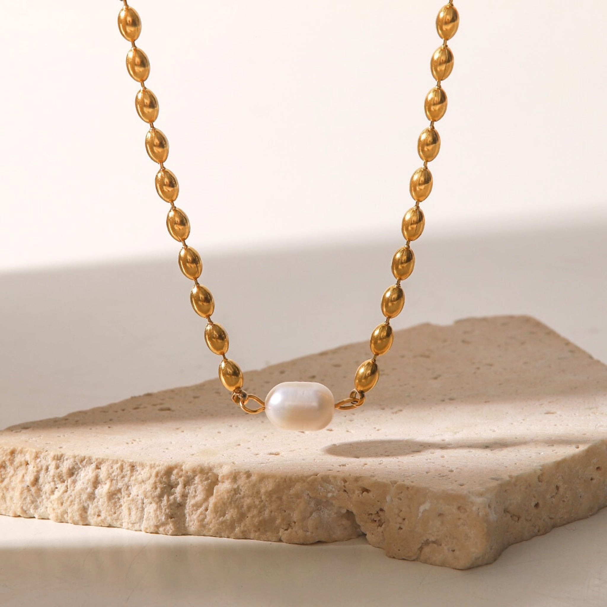 18K Gold Plated Stainless Steel Hypoallergenic Waterproof Tarnish Free Pearl Droplet Necklaces The Aura