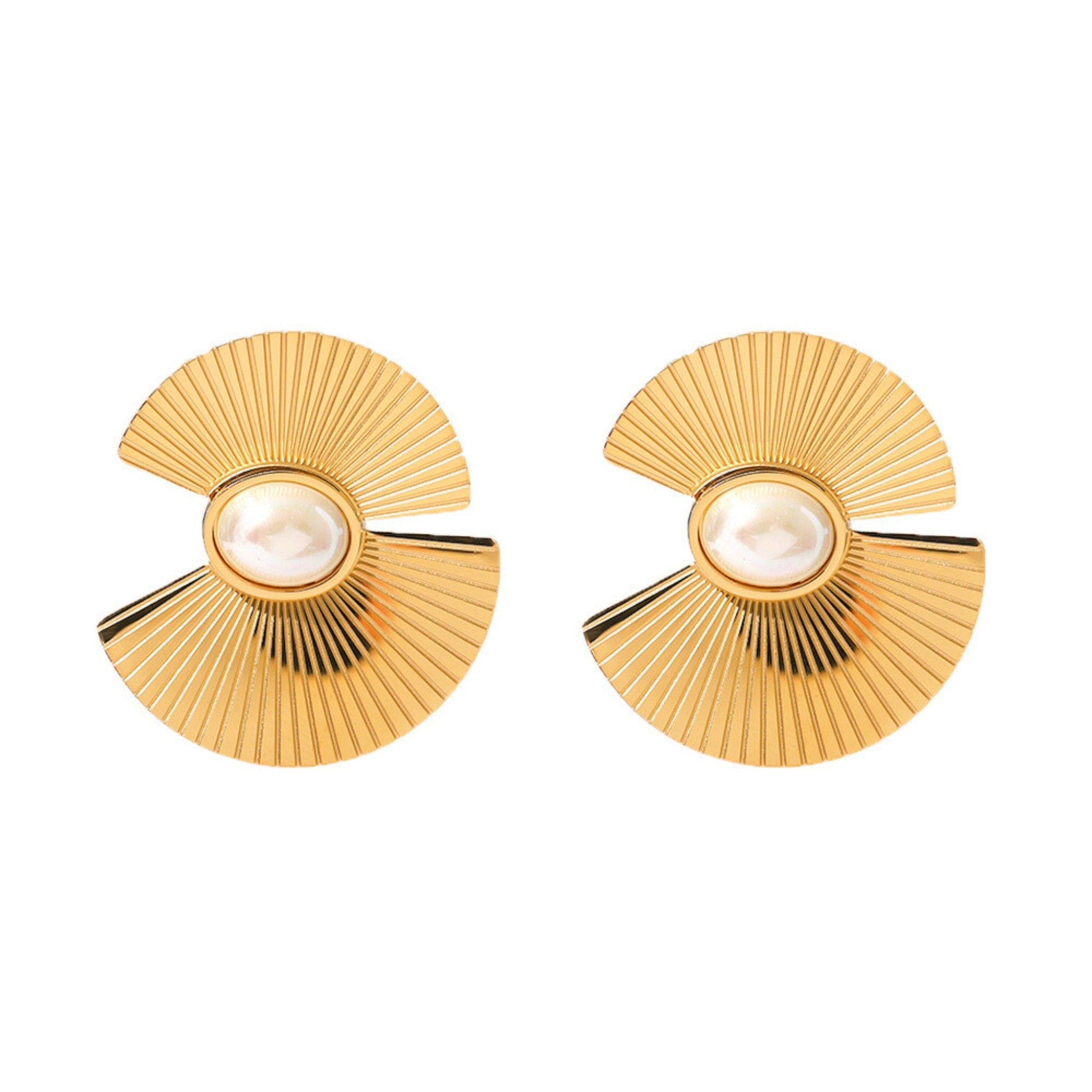 waterproof non-tarnish skin friendly hypoallergenic 18K gold plated stainless steel Pearl Fan Stud Earrings The Aura 