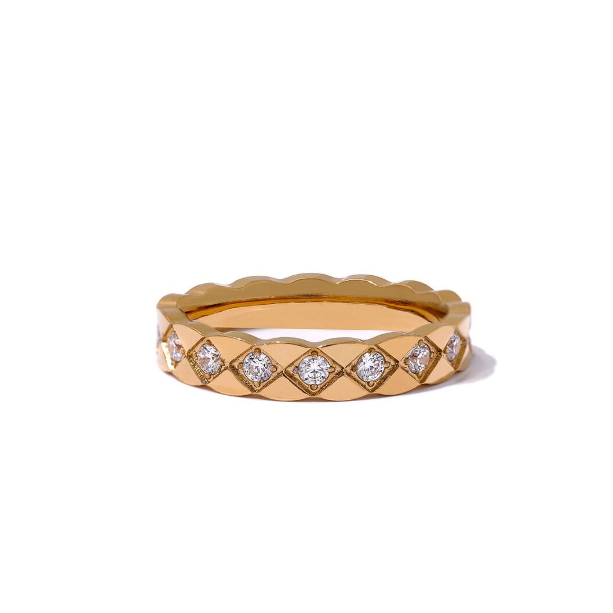 Gold Plated Stainless Steel Hypoallergenic Waterproof Tarnish Free Quilted Diamantés Rings The Aura