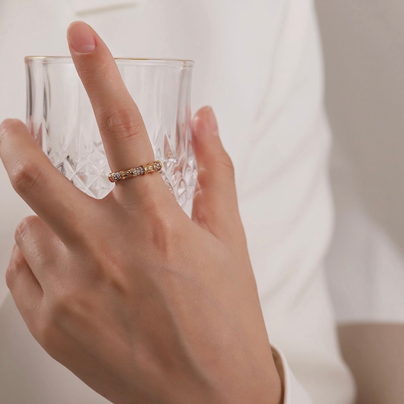 18K Gold Plated Stainless Steel Hypoallergenic Waterproof Tarnish Free Pave Bamboo Rings The Aura