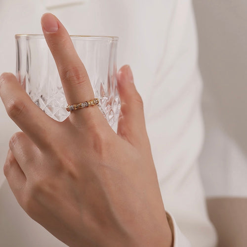 18K Gold Plated Stainless Steel Hypoallergenic Waterproof Tarnish Free Pave Bamboo Rings The Aura