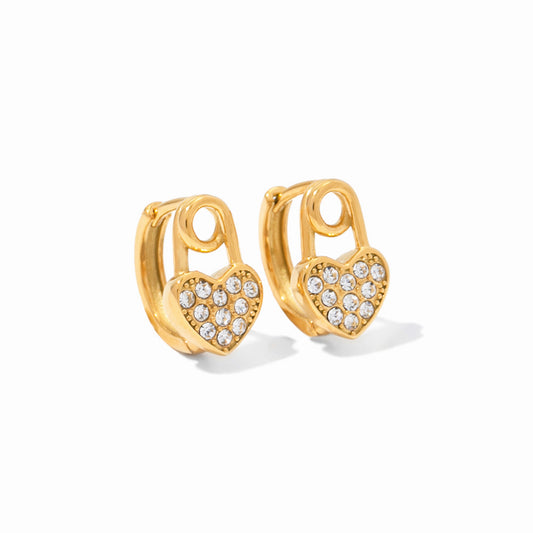 18K Gold Plated Stainless Steel Hypoallergenic Waterproof Tarnish Free Pavé Heart Lock Huggie Earrings The Aura